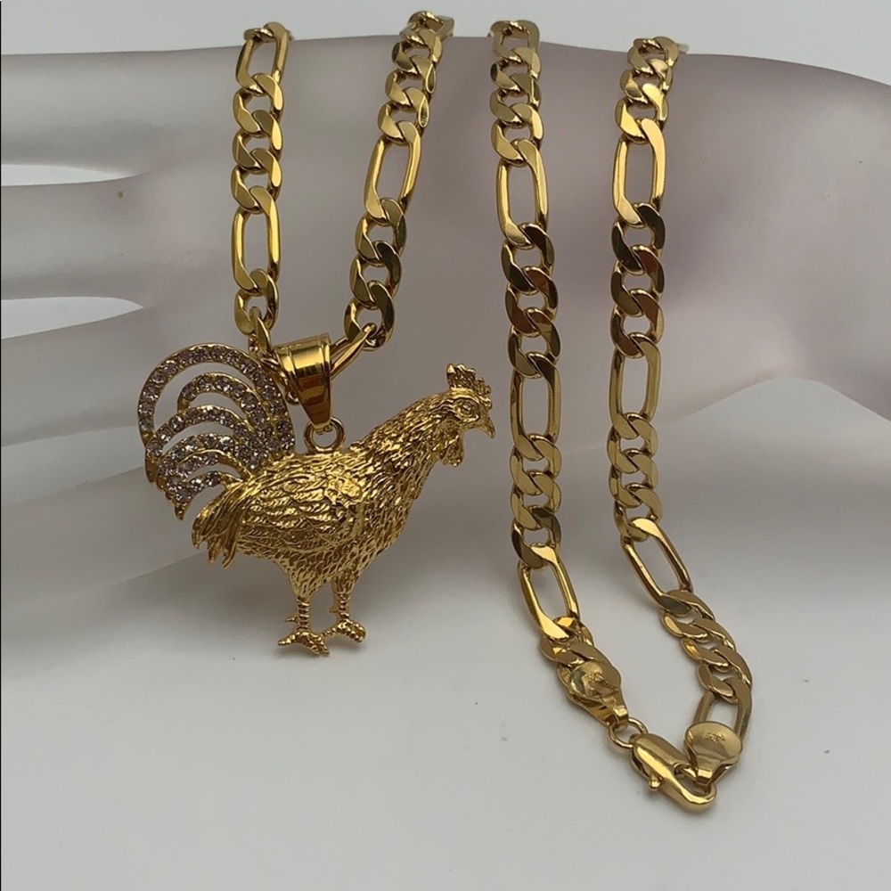 pendant rooster, and chain stainless steel gold plated